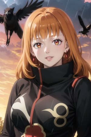 anime, hdr, soft light, ((best quality)), ((masterpiece)), (detailed), mimosa vermillion, wavy hair:1.2, red eyes, red earrings, red hair, orange hair, lips, makeup, head tilt, evil smile:1.2, (lips), (akatsuki outfit:1.2),high neck, high_collar, ((black dress)), long sleeves, looking at viewer, upper body, dutch angle, village, (((crows))),sunset, rain, water drop, nature, ,akatsuki outfit, bird, crow, eagle, black feathers, bird on shoulder, sunset, orange sky, outdoors, upper body,fantasy00d,