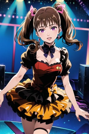 (best quality), (highly detailed), masterpiece, (official art),  diane,twintails, brown hair ,purple eyes, solo,  lips:1.2, beautiful 1girl wearing a earthy red (idol dress) ,layered skirt, frills, ribbon, bow, sequins, looking at viewer, (/nightclub scene, neon lights), , club, (nigth club), ,hd quality, perfect face ,realistic, realistic body , perfect face sync,night club,StandingAtAttention,marinette,night club,b1mb0,