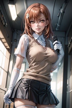 ((best quality)),  ((highly detailed)),  masterpiece,1girl, controller holding_controller ,(large breasts), tokiwadai school uniform, sweater vest, short sleeves, (](white gloves, elbow gloves)), pleated skirt, white thighhighs ,1girl, lips:1.4, makeup:1.4, symbol-shaped pupils, +_+, naughty_face, ,evil smile, ((gyaru)) ,jewelry, blush, earrings, looking at viewer, standing, cowboy shot, red hair, school, short hair, aamikoto, hair flower,hmmisaki