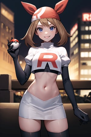 (best quality), (highly detailed), masterpiece, (official art), may, brown hair, bandana,  hairband, medium hair, bow hairband, red bandana, poke ball, poke ball (basic), holding poke ball, posing, lips,( evil smile), Team Rocket, cropped jacket, white jacket, crop top, jacket, gloves, black gloves, elbow gloves, navel, midriff, white skirt, miniskirt, skirt, thighhighs,, looking at viewer, china, asiática, city, night, sky, (intricately detailed, hyperdetailed), blurry background,depth of field, best quality, masterpiece, intricate details, tonemapping, sharp focus, hyper detailed, trending on Artstation,1 girl, high res, official art