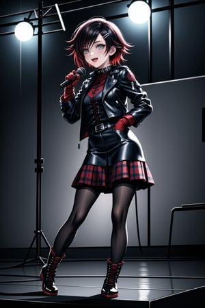 ((best quality)),  ((highly detailed)),  masterpiece,1girl, solo, smile, open mouth, skirt, shirt, hair ornament, gloves,  holding, jacket, full body, pantyhose,  boots, black gloves, hairclip, fingerless gloves, collar, two-tone hair, red hair, black jacket, plaid, black shirt, red skirt, plaid skirt, red footwear, microphone, red nails, spikes, cross-laced footwear, music, leather, holding microphone, singing, leather jacket ,(ruby rose:1.3),<lora:659111690174031528:1.0>