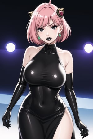 (best quality), (highly detailed), masterpiece, (official art),  ,anya forger:1.3,ahoge, hair ornament,( anya, hair ornament, pink hair, short hair),Earrings,   gem earring:1.2,black_earrings, lips:1.2, black lips:1.4, makeup:1.2, lipstick:1.2,  makeup, black eyes:1.2, ,black collar, black latex dress, black latex elbow gloves, crystal earrings, distant gaze, elbow gloves, female, female only, fetish wear, gloves, hand on butt, hand on knee, only, large breasts, latex, latex dress, latex elbow gloves, latex gloves, light-skinned female, light skin, long dress, solo, solo female,lips, cowboy shot, large breast, looking at viewer, (/nightclub scene, neon lights)), , club, (nigth club), ,hd quality, perfect face ,realistic, realistic body , perfect face sync,night club,StandingAtAttention,marinette,night club,b1mb0, dancing:1.2