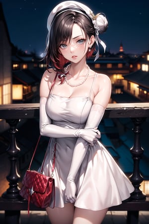 (best quality), (highly detailed), masterpiece, (official art), ,(ruby rose:1.2, hair bun:1.3), makeup:1.3, (lips:1.2), parted_lips, blue earrings:1.3,jewelery:1.3,((long sleeves,  elbow gloves:1.2,dress, ribbon, ccollarbone, white dress:1.3,  white headwear,  pearl necklace:1.3, holding, holding bag, v arms:1.3)), looking at viewer, china, asiática, city, night, sky,  (intricately detailed, hyperdetailed), blurry background,depth of field, best quality, masterpiece, intricate details, tonemapping, sharp focus, hyper detailed, trending on Artstation,1 girl, high res, official art,StandingAtAttention,bestiality