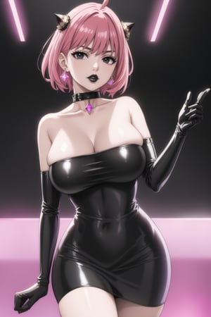 (best quality), (highly detailed), masterpiece, (official art),  ,anya forger:1.3,ahoge, hair ornament,( anya, hair ornament, pink hair, short hair),Earrings,   gem earring:1.2,black_earrings, lips:1.2, black lips:1.4, makeup:1.2, lipstick:1.2,  makeup, black eyes:1.2, strapless:1.3,black collar, lack latex dress, black latex elbow gloves, crystal earrings, distant gaze, elbow gloves, female, female only, fetish wear, gloves, hand on butt, hand on knee, only, large breasts, latex, latex dress, latex elbow gloves, latex gloves, light-skinned female, light skin, long dress, solo, solo female,lips, cowboy shot, large breast, looking at viewer, (/nightclub scene, neon lights)), , club, (nigth club), ,hd quality, perfect face ,realistic, realistic body , perfect face sync,night club,StandingAtAttention,marinette,night club,b1mb0, dancing:1.2,