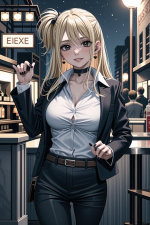 ((best quality)),  ((highly detailed)),  masterpiece,1girl, 1girl, (lips:1.2), seductive smile, smirk, naughty_face,nail polish, solo,   black pants,  formal,  black jacket,  open jacket,  (white shirt),  belt, ,  black jacket, (black suit),  long sleeves,  shirt tucked in,, (black choker), blush, earrings, black nails, looking at viewer, standing, cowboy shot, fingernails,  bar,outdoor,lamp,nigth,space, alcohol, sexy pose:1.2, purple nails, wristband, lucyheartfilia, one side up, long hair, blonde hair, brown eyes,<lora:659111690174031528:1.0>