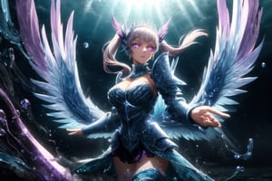 GFX wallpaper featuring Noelle Silva as a Valkyrie, with twintailed silver hair and shimmering water armor that appears both solid and liquid. The scene is illuminated by a radiant sword in her hand, casting light across the battlefield. Her wings, crafted from water, sparkle as if catching the light of a distant sun, and her purple eyes glow intensely. Water splashes around her armor, and energy beams shoot through the background. Her armored dress is detailed with intricate runes and silver accents, all glimmering as if imbued with magic. The background shows crashing waves, with water particles frozen mid-air, glowing in vibrant blue, violet, and white hues., glowing eyes