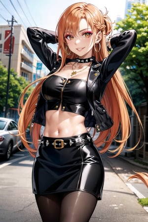 (best quality), (highly detailed), masterpiece, (official art), , aaasuna ,brown eyes, long hair, (orange hair), (multicolores hair:1.2, red hair:1.2), smirk, grin, smile, cross-laced clothes,  (spiked bracelet),  necklace, corset,  bustier, park,  hoop earring, (pose) ,navel, (makeup:1.3) (lips:1.3), (arms_behind_head:1.2) ,(seductive pose:1.4), (latex), (black top),  (black tube top:1.2), gloves,  fingerless gloves, ((jacket)),  skirt,  black choker,  black leather jacket,  (dark jacket), belt,  pencil skirt,  pantyhose,  open jacket,  miniskirt,  (black skirt),  black gloves,  black legwear,  black choker,  medium breast,  standing, , (park), (tree), standing (intricately detailed,  hyperdetailed),  blurry background, depth of field,  best quality,  masterpiece,  intricate details,  tonemapping,  sharp focus, hyper detailed, trending on Artstation,1 girl, solo,high res,official art, ,edgCJ