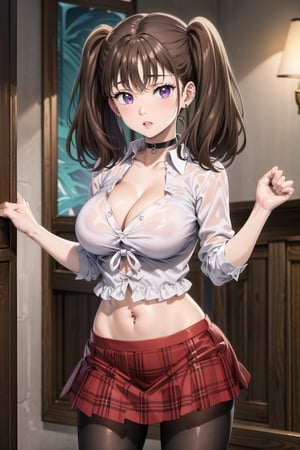 masterpiece,best quality,highres,ultra-detailed, diane, twintails, brown hair, purple eyes, white shirt, skirt, large breasts, navel, cleavage, pantyhose,  choker, midriff, miniskirt, lips, plaid, red plaid skirt, piercing, fishnets,  fishnet pantyhose, white tied shirt:1.2, navel piercing, , standing, StandingAtAttention,diane