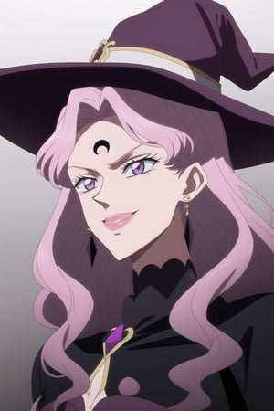 (best quality), (highly detailed), masterpiece, (official art), Vanessa, pink hair, purple eyes, long hair, bangs, witch hat, makeup, ((forehead mark, crescent facial mark, black crystal earrings)), aged up, evil smile, lips, lipstick, posing, anime coloring, , A dark and mysterious female character inspired by the style of classic anime. She has an evil face with an evil smile, giving her an imposing and intimidating presence. The overall atmosphere is dark and mysterious, with a sense of power and control emanating from her posture.,