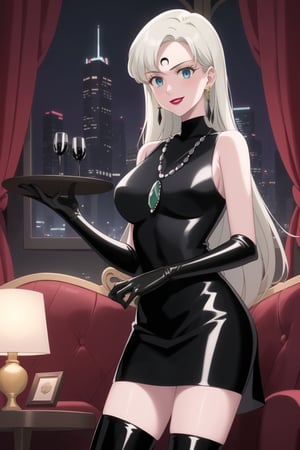 (best quality), (highly detailed), masterpiece, (official art),elizabeth, long hair, blue eyes, white hair, blunt bangs, single earring,, lips, smile, lipstick, makeup, evil smile,
((Forehead mark, crescent facial mark, black crystal earrings, jewelry)).  Dark  dress, black latex, black sleeveless dress, turtleneck_dress, short dress, elbow gloves, green gloves, thighhighs, large necklace, ((gemstone necklace:1.2)), standing,
Modern luxury lounge with dim lighting, featuring sleek black leather sofas, glass tables, and soft ambient lighting from wall sconces. A large window in the background reveals a city skyline at night, adding a touch of sophistication to the scene