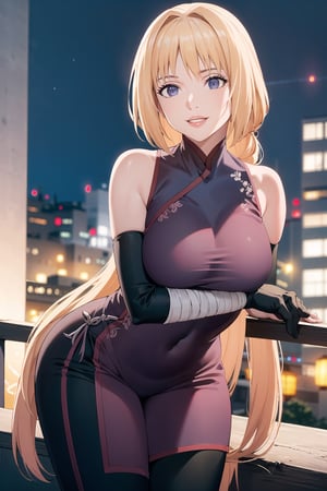 (best quality), (highly detailed), masterpiece, (official art),sumire kakei, posing, leaning_forward, lips, (blonde hair), smile, ((long hair)), (( ninja,  chinese dress)), elbow gloves, bandages, black pants, looking at viewer, city, night, sky, (intricately detailed, hyperdetailed), blurry background,depth of field, best quality, masterpiece, intricate details, tonemapping, sharp focus, hyper detailed, trending on Artstation,1 girl, high res, official art,b1mb0
