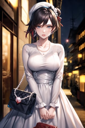 (best quality), (highly detailed), masterpiece, (official art), ,(ruby rose:1.2, hair bun:1.3), makeup:1.3, (lips:1.2), parted_lips, blue earrings:1.3,jewelery:1.3,((long sleeves,  dress, ribbon, ccollarbone, white dress:1.3,  white headwear,  pearl necklace:1.3, holding, holding bag, v arms:1.3)), looking at viewer, china, asiática, city, night, sky,  (intricately detailed, hyperdetailed), blurry background,depth of field, best quality, masterpiece, intricate details, tonemapping, sharp focus, hyper detailed, trending on Artstation,1 girl, high res, official art,StandingAtAttention,bestiality