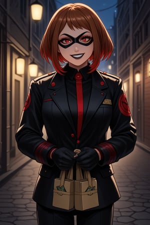 score_9, score_8_up, score_7_up, intricate details,1girl, malicious expression, sadistic grin, villainous attitude,lips, black lips, grin, red eyes, smirk, evil smile,1girl, Ochako Uraraka, black hair with red tips, bank heist, thief outfit, loose black jacket, cargo pants, wearing a domino mask, holding bag of money, holding handgun, gun, handgun, bank robbery, levitating money bags, vault door open, thief outfit, wearing a domino mask, carrying a large money bag, exiting a bank vault, broken safe in the background, dark gloves, quick getaway, alarm lights flashing, dimly lit scene, red emergency lighting, cautious posture, money spilling from bag, night-time heist, dark alley, tense atmosphere,(ncursioDipDyedHair,red IncursioDipDyedHair