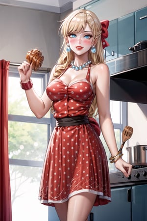 ((best quality)),  ((highly detailed)),  masterpiece,1girl, 1girl,  seductive smile, solo,   (Stepford),lips, makeup, lipstick,red lips, (pose),(polka dot:1.4), (polka dot dress:1.4),(pearl necklace:1.2), pearl bracelet, bare shoulders,(red dress:1.2),aroused, blush ,standing,  (large pearl necklace), (hoop earrings:1.2), looking at viewer, standing, cowboy shot, kitchen, cooking, indoors, house, windows, cortain, food,ClaireFran ,jewelry,bangs,drill hair, hair bow, blue eyes, bow ,blonde hair, long hair,drill hair,