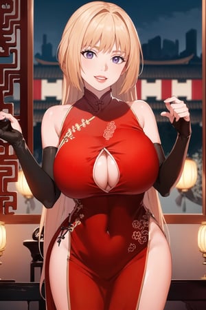 (best quality), (highly detailed), masterpiece, (official art),sumire kakei, posing, red lips, lips, (blonde hair), smile, ((long hair)), ((((chinese dress, revealing dress, red dress:1.2)))), ((cutout, boob window)) ,elbow gloves,  latex:1.4, looking at viewer, china, asiática, city, night, sky, (intricately detailed, hyperdetailed), blurry background,depth of field, best quality, masterpiece, intricate details, tonemapping, sharp focus, hyper detailed, trending on Artstation,1 girl, high res, official art,b1mb0,AZ,chinese dress