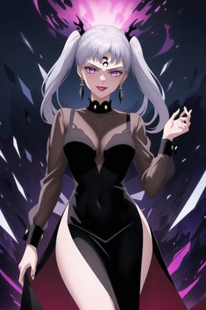 (best quality), (highly detailed), masterpiece, (official art), (noelle_silva,silver hair,twintails,bangs,jewelry), makeup, ((forehead mark, crescent facial mark, black crystal earrings)), aged up, evil smile, lips, lipstick, posing, anime coloring, ((black dress, long sleeves, see-through)), pink dress, side slit, A dark and mysterious female character inspired by the style of classic anime. She has an evil face with an evil smile, giving her an imposing and intimidating presence. The overall atmosphere is dark and mysterious, with a sense of power and control emanating from her posture.,