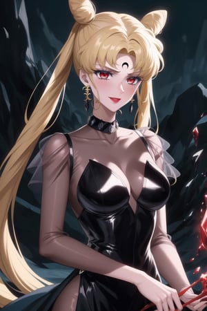 evil smile, red eyes, jewelry,  earrings, makeup, facial mark, lipstick,  forehead mark, crescent facial mark, black crystal earrings,crescent, , dress,black dress, see-through,,side slit, .,aausagi, double bun, twintails,parted bangs, blonde hair
(best quality), (highly detailed), masterpiece, (official art), A dark and mysterious female character inspired by classic anime style,  She has a cold, expressionless face with pale skin and dark, bold lips, giving her a commanding and intimidating presence.  The overall atmosphere is dark and mysterious, with a sense of power and control emanating from her poised stance