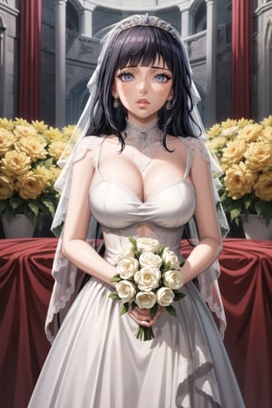 ((best quality)), ((highly detailed)), masterpiece, ((official art)), detailed face, beautiful face, (detailed eyes, deep eyes), seductive posing, (cowboy shot), Himawari, blunt bangs, facial mark, black hair,expressionless, empty eyes:1.2, red eyes:1.2, (masterpiece, high quality:1.5), (8K, HDR), (bride:1.3),
1girl, solo, looking at viewer,  pronounced  long faded eyebrows, soft makeup, gradient lips, hourglass figure, long fingers,  realistic illustration, (soothing tones: 1.3), (super detailed: 1.2), aabelfast, french braid, tiara, bridal veil, earrings, , (sexy lace wedding dress:1.3), white gloves, bridal bouquet, church, standing, cowboy shot,  ,Mogyutto Maid,Himawari,empty eyes