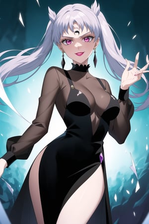 (best quality), (highly detailed), masterpiece, (official art), (noelle_silva,silver hair,twintails,bangs,jewelry), makeup, ((forehead mark, crescent facial mark, black crystal earrings)), aged up, evil smile, lips, lipstick, posing, anime coloring, ((black dress, long sleeves, see-through)), pink dress, side slit, A dark and mysterious female character inspired by the style of classic anime. She has an evil face with an evil smile, giving her an imposing and intimidating presence. The overall atmosphere is dark and mysterious, with a sense of power and control emanating from her posture.,