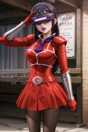 (best quality), (highly detailed), masterpiece, (official art),dia kurosawa, long hair, black hair, hairclip, blunt bangs, mature_female, 1girl, solo, ((head-mounted display)), ((purple lips:1.2)), (team flare:1.2),  gloves,((armor, juliet_sleeves:1.2)), long_sleeves , pleated skirt,  necktie, red dress, belt, red dress, (pantyhose, red footwear1.2), (lips:1.2), ((arms at sides)),, cowboy shot, looking at viewer, indoors, blurry background,depth of field, best quality, masterpiece, intricate details, tonemapping, sharp focus, hyper detailed, trending on Artstation, salute, 