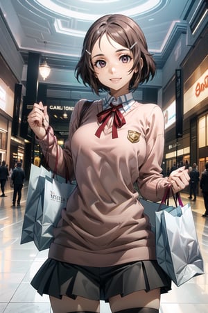 ((best quality)),  ((highly detailed)),  masterpiece,  ((official art)),  detailed face,  beautiful face,  (detailed eyes,  deep eyes),(, shopping_mall,, retail_therapy),  cowboy shot, extravagant shopping spree,  (shopping:1.2),high society,(smile, happy),rika, brown hair, hair clip, brown eyes, freckles,Black skirt,school uniform,((pink sweater:1.2)), zettai ryouiki, neck ribbon pleated skirt, black thighhighs,(at sides, looking at sides), curvaceous,  voluptuous body,  medium breast,  (intricately detailed, hyperdetailed), blurry background, depth of field, best quality, masterpiece, intricate details, tonemapping, sharp focus, hyper detailed, trending on Artstation, 1 girl, solo, high res, official art
