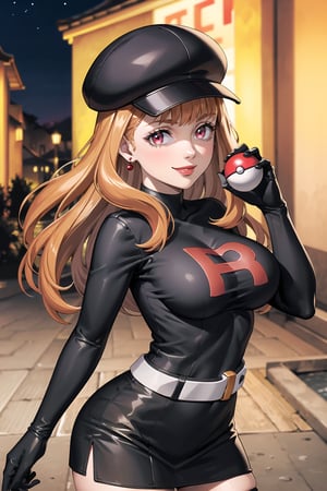 (best quality), (highly detailed), masterpiece, (official art), mimosa vermillion, Orange hair, red eyes, red earrings, poke ball, poke ball (basic), holding poke ball, black headwear, cabbie hat, hat, posing, lips, ( evil smile), ,Grunt Team Rocket, dress, black dress, long sleeves, gloves, elbow gloves, belt, grey belt, skirt, thighhighs, looking at viewer, china, asiática, city, night, sky, (intricately detailed, hyperdetailed), blurry background,depth of field, best quality, masterpiece, intricate details, tonemapping, sharp focus, hyper detailed, trending on Artstation,1 girl, high res, official art,