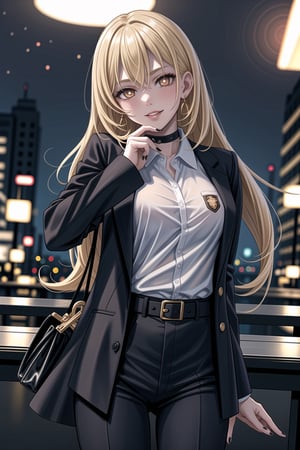 ((best quality)),  ((highly detailed)),  masterpiece,1girl, 1girl, (lips:1.2), seductive smile, smirk, naughty_face,nail polish, solo,   black pants,  formal,  black jacket,  open jacket,  (white shirt),  belt, ,  black jacket, (black suit),  long sleeves,  shirt tucked in,, (black choker), blush, earrings, black nails, looking at viewer, standing, cowboy shot, fingernails,  bar,outdoor,lamp,nigth,space, alcohol, sexy pose:1.2, purple nails, wristband ,hmmisaki, 1girl, long hair, symbol-shaped pupils, +_+, blonde hair,<lora:659111690174031528:1.0>