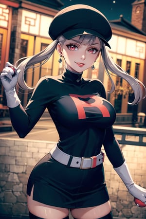 (best quality), (highly detailed), masterpiece, (official art), noelle_silva, silver hair,red eyes, twintails, bangs, earrings, jewelry, poke ball, poke ball (basic), holding poke ball, black headwear, cabbie hat, hat, posing, lips, ( evil smile), ,Grunt Team Rocket, dress, black dress, long sleeves, gloves, elbow gloves, belt, grey belt, skirt, thighhighs, looking at viewer, china, asiática, city, night, sky, (intricately detailed, hyperdetailed), blurry background,depth of field, best quality, masterpiece, intricate details, tonemapping, sharp focus, hyper detailed, trending on Artstation,1 girl, high res, official art