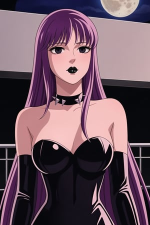 ((best quality)),  ((highly detailed)),  masterpiece,  ((official art)),(Saori Kido, Saori, long hair, purple hair),((black eyes, empty eyes,expressionless,hypnosis)),(((white skin))) ,((makeup,lipstick, black lips:1.2)),absurdres, (spiked collar:1.2), coyboy shot, lips,  blush,  (black latex:1.3),  black dress:1.2,  miniskirt  ((bodyconf)),  bare shoulders,  (( strapless)),  large breast,  looking at viewer,  street,  city,  nigth,  moon,  club,  (nigth club),  , hd quality,  perfect face , realistic,  realistic body,  perfect face sync,  , b1mb0,,,black lips,Saori Kido