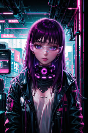 masterpiece,best quality,highres,ultra-detailed,purple hair, long hair, Saori, hacker, computer, monitor, wive, cable, cyberpunk, indoors, neon nigth, Cyborg, chip, cyberpunk, collar, jacket,((cyberpunk glasses))