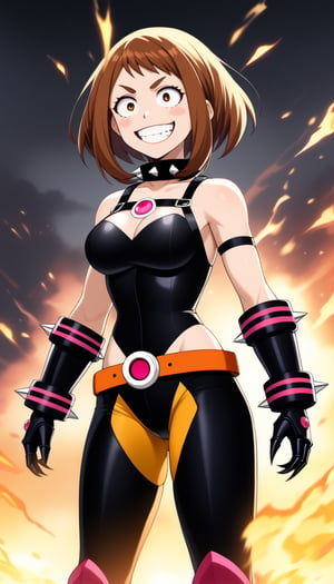 score_9, score_8_up, score_7_up, intricate details,1girl, ochako uraraka, solo, short brown hair, bob cut, evil grin, sharp teeth, malicious expression, crazy eyes, constricted pupils, black sclera, wearing bakugou's hero costume, black and orange bodysuit, exposed shoulders, spiked gauntlets, oversized grenade bracers, black combat boots, orange belt,  sinister expression, wearing black leather corset, tight dark outfit, spiked shoulder pads, thigh-high boots, high heels, exposed midriff, body harness, leather straps, sharp claws, metallic accessories, explosive accessories, spiked collar, villain aura, standing pose, flames in background, explosions, smoke, dark atmosphere, anime style, dynamic lighting, glowing embers, chaotic energy, destruction, confident stance, sadistic grin, villainous attitude