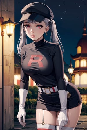 (best quality), (highly detailed), masterpiece, (official art), noelle_silva, silver hair,red eyes, twintails, bangs, earrings, jewelry, black headwear, cabbie hat, hat, ((Slouching, leaning forward)), lips, ( parted lips), ,Grunt Team Rocket, dress, black dress, long sleeves, gloves, elbow gloves, belt, grey belt, skirt, thighhighs, looking at viewer, china, asiática, city, night, sky, (intricately detailed, hyperdetailed), blurry background,depth of field, best quality, masterpiece, intricate details, tonemapping, sharp focus, hyper detailed, trending on Artstation,1 girl, high res, official art,Slouching