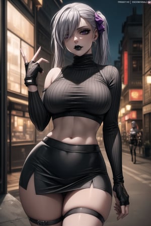 ((best quality)), ((highly detailed)), masterpiece, ((official art)), detailed face, beautiful face, (detailed eyes, deep eyes), seductive posing, (cowboy shot),noelle_silva,silver hair,twintails,bangs,purple eyes,  (sexy:1.3),  (hair covering one eye:1.3), (makeup, black lips:1.3),( pale white skin, very white skin, goth, long eyelashes), medium to big breasts, black gloves, black skirt:1.2, closed mouth, cowboy shot, ((black turtleneck, black crop top)), hoop earrings, fingerless gloves, gloves, highres, jewelry, , midriff, miniskirt, navel, pencil skirt, skirt, solo, standing, stomach, striped, striped bow, thigh strap, city street, nighttime, intricately detailed, hyperdetailed, blurry background, depth of field, best quality, masterpiece, intricate details, tonemapping, sharp focus, hyper detailed, trending on Artstation, 1 girl, high res, official art,