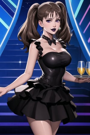 (best quality), (highly detailed), masterpiece, (official art),  diane,twintails, brown hair ,purple eyes, solo, smile, lips:1.2, black lips:1.4, lipstick:1.2, beautiful 1girl wearing a earthy black (idol dress:1.3), idol ,layered skirt, frills, ribbon, bow, sequins, looking at viewer, (state, state ligth, neon lights), ,,hd quality, perfect face ,realistic, realistic body , perfect face sync, StandingAtAttention,,b1mb0, holding tray, tray, alcohol