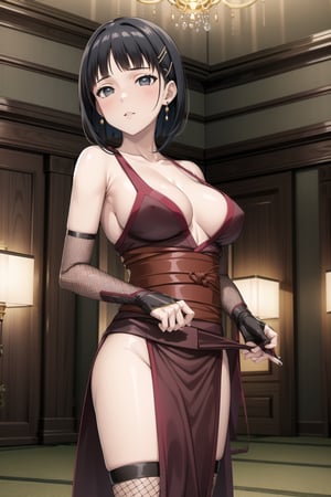 masterpiece,best quality,highres,ultra-detailed,suguha, short hair, black hair, bob cut, hairclip, hair ornament, blunt bangs,, empty eyes:1.3,  breasts,  solo, ninja, cleavage, thighhighs, pelvic curtain, gloves, fishnets, large breasts, japanese clothes,  bare shoulders, sash,  (indoors:1.2), (royal room:1.2), (latex), standing, StandingAtAttention,b1mb0,night club