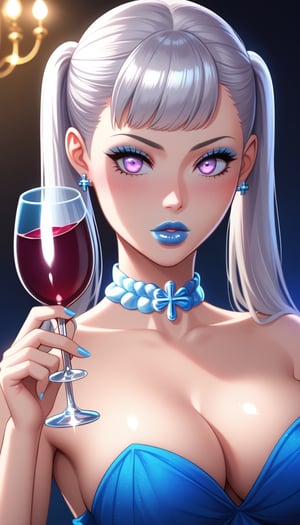 score_9, score_8_up, score_7_up, intricate details,1girl, noelle silva, twintails, silver hair, bangs,,(blue lips, lips, blue lips, makeup, eyeliner, eyeshadow,), cowboy shot, empty eyes,1girl, solo, blue lipstick, blush,  bimbo,Big_Lips,Bimbo_Lips,  elegant dress, deep blue gown, ballroom setting, holding wine glass, chandeliers, soft lighting, graceful posture, confident expression, fancy jewelry, luxurious atmosphere