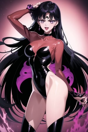 sama1, long hair, black hair, 1girl, solo, long hair, smile, black hair, jewelry, purple eyes, earrings, boots, leotard, highleg leotard, corruption, dark persona, covered navel, knee boots, aura, looking at viewer, open mouth, parted lips, choker, bodysuit, makeup, lipstick, facial mark, crescent facial mark, crystal earrings, purple flower, purple background, crystal, forehead mark, crescent, rose.
(best quality), (highly detailed), masterpiece, (official art), A dark and mysterious female character inspired by classic anime style, giving her a commanding and intimidating presence.  The overall atmosphere is dark and mysterious, with a sense of power and control emanating from her poised stance.,