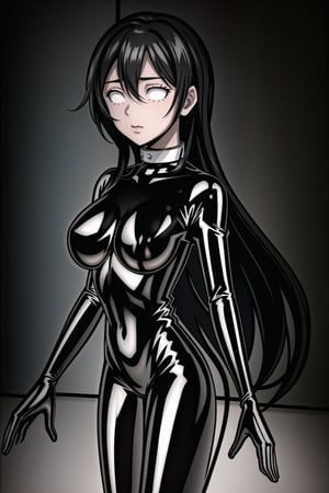 (best quality), (highly detailed), masterpiece, (official art), makeup, 1girl, solo,kirito,long hair,black hair,hair between eyes, very long hair,closed mouth,(graybot:1.2), black bodysuit, (shiny body:1.2), (shiny clothes),latex bodysuit, large breast, looking at viewer,  ,graybot,(whiteeyes),((black background, simple background)),StandingAtAttention,,,,<lora:659111690174031528:1.0>