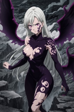 monochrome,greyscale,(tattoo,facial mark,aura,glowing,bodypaint,smoke,dark aura:1.2),1girl,long hair,medium breasts,black hair,angry,purple eyes,wings,claws,looking at viewer,nude,censored,armor,convenient censoring,Elizabeth, black hair, lips, ruler of hell, stands as a malevolent dictator, her long hair flowing like darkness itself, gradient from white to dark, framing her cold gaze. Her elaborate gown, adorned with sinister symbols and glowing red accents, reflects her dominance and cruelty. The background features a hellish landscape: rivers of lava, jagged rocks, tormented souls, and dark clouds with lightning. Eerie, red and black glows illuminate the scene, capturing the dark and oppressive atmosphere of her dominion.