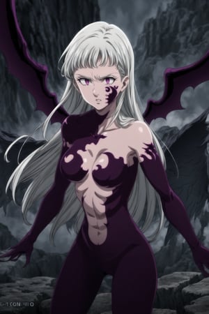 monochrome,greyscale,(tattoo,facial mark,aura,glowing,bodypaint,smoke,dark aura:1.2),1girl,long hair,medium breasts,black hair,angry,purple eyes,wings,claws,looking at viewer,nude,censored,armor,convenient censoring,Elizabeth, black hair, lips, ruler of hell, stands as a malevolent dictator, her long hair flowing like darkness itself, gradient from white to dark, framing her cold gaze.  reflects her dominance and cruelty. The background features a hellish landscape: rivers of lava, jagged rocks, tormented souls, and dark clouds with lightning. Eerie, red and black glows illuminate the scene, capturing the dark and oppressive atmosphere of her dominion.