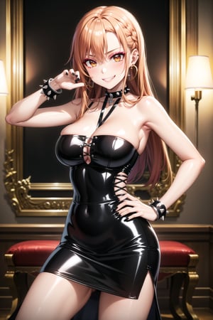 masterpiece,best quality,highres,ultra-detailed, asuna yuuki, long hair, orange hair, red hair, brown eyes,(dark makeup:1.5) (lips:1.1), (cross-laced clothes:1.3), narrow_waist:1.3, dominatrix:1.4 , (intricate Black dress:1.4), (pose:1.3), ,((smirk, grin, naughty face, seductive smile, smug)), (spiked bracelet), corset:1.4, (black hoop earring:1.3), curvaceous, voluptuous body, (latex:1.5), (black tube top:1.2), black choker, pencil skirt,  miniskirt, (black skirt),  black nails,large breasts:1.3,, (royal room:1.2),standing, StandingAtAttention,b1mb0,night club,lemon0021,,,RockOfSuccubus,asuna yuuki