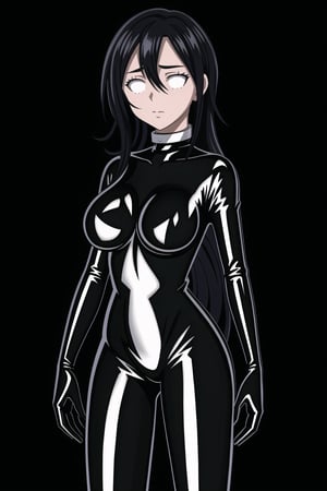 (best quality), (highly detailed), masterpiece, (official art), makeup, 1girl, solo,kirito,long hair,black hair,hair between eyes, very long hair,closed mouth,(graybot:1.2), black bodysuit, (shiny body:1.2), (shiny clothes),latex bodysuit, large breast, looking at viewer,  ,graybot,(whiteeyes),((black background, simple background)),StandingAtAttention,,,,<lora:659111690174031528:1.0>