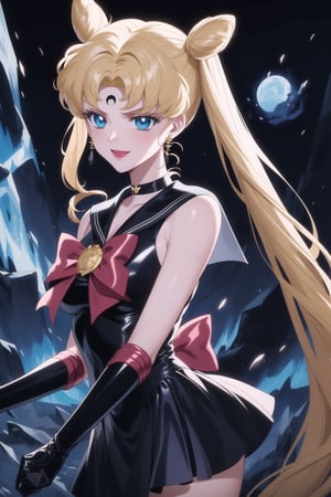 (best quality), (highly detailed), masterpiece, (official art),aausagi, double bun, twintails, parted bangs. blonde hair, makeup, forehead mark, crescent facial mark,  lipstick, black crystal earrings, aged up, sailor moon, black sailor, choker, red bow, black gloves, elbow gloves, blue skirt, latex, A dark and mysterious female character inspired by the style of classic anime. She has an evil face with an evil smile, giving her an imposing and intimidating presence. The overall atmosphere is dark and mysterious, with a sense of power and control emanating from her posture.