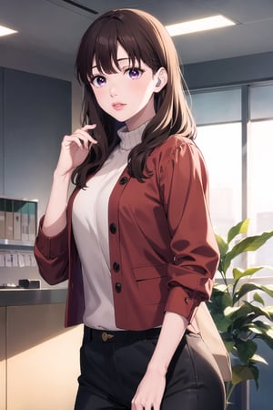 ((best quality)), ((highly detailed)), masterpiece, ((official art)), yuki itose, long hair, bangs, ((brown hair, black hair)), (purple eyes:1.1), blunt bangs, (wavy hair),
BREAK jacket, sweater, lips, red shirt,
BREAK indoors,
BREAK looking at viewer,  (office:1.3), (window, indoors, plant), (lips:),, solo, (cowboy shot:1.2), standing, , intricately detailed, hyperdetailed, blurry background, depth of field, best quality, masterpiece, intricate details, tonemapping, sharp focus, hyper detailed, trending on Artstation, 1 girl, high res, official art, ,yuki itose