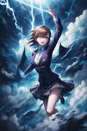 1girl, mikoto_misaka, short hair, brown hair, brown eyes, school_uniform, skirt, electricity, rising_into_the_air, floating, arms outstretched, head tilted up, electricity surging through the air around her, lightning bolts striking from the sky towards her, glowing electric field surrounding her body, static energy crackling through the scene, her body radiating with electric light, eyes glowing faintly, GFX elements: massive lightning strikes, electric storm in the sky, swirling dark clouds, glowing symbols in the air, shockwave distorting the space around her, electric arcs in the clouds, particles caught in the electric field, blue energy ripples, high-dynamic lighting, sharp electric highlights, charged atmosphere, motion blur on energy movements,aamikoto