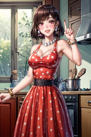 ((best quality)),  ((highly detailed)),  masterpiece,1girl, 1girl,  seductive smile, solo,   (Stepford),lips, makeup, lipstick,red lips, (pose),(polka dot:1.4), (polka dot dress:1.4),(pearl necklace:1.2), pearl bracelet, bare shoulders,(red dress:1.2),aroused, blush ,standing,  (large pearl necklace), (hoop earrings:1.2), looking at viewer, standing, cowboy shot, fingernails, kitchen, cooking, indoors, house, windows, cortain, food ,RaeTaylor,red eyes, short hair, brown hair, 