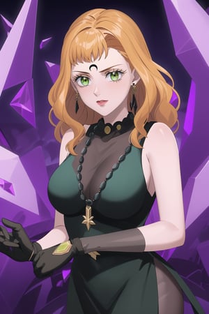 (best quality), (highly detailed), masterpiece, (official art),mimosa vermillion, orange hair, green eyes , makeup, ((black moon, forehead mark, crescent facial mark, black crystal earrings)), jewelry,  black dress, sleeveless dress, short dress, high collar, black gloves, long gloves, large turquoise necklace, gemstone necklace,  black choker, purple background, room