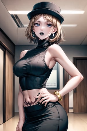 ((best quality)),  ((highly detailed)),  masterpiece,  ((official art)), (serena, hat, black hat , short hair, earrings, jewelry) ,RockOfSuccubus, (lips:1.2), (black lips:1.4), black nails, (( arms_at_sides:1.2, hand_on_own_hip, head_tilt)),  (pubic tattoo:1.3), navel, midriff, sleeveless, bare shoulders, figure, turtleneck, ((black shirt)), (black pencil skirt), (office), lady office, , building, bracelet, parted lips, indoors, intricately detailed, hyperdetailed, blurry background, depth of field, best quality, masterpiece, intricate details, tonemapping, sharp focus, hyper detailed, trending on Artstation, 1 girl, high res, official art