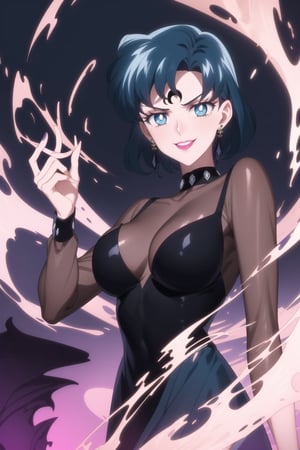 (best quality), (highly detailed), masterpiece, (official art), sailor mercury,short hair, blue hair, makeup, ((forehead mark, crescent facial mark, black crystal earrings)), aged up, evil smile, lips, lipstick, posing, anime coloring, ((black dress, long sleeves, see-through)), pink dress, side slit, A dark and mysterious female character inspired by the style of classic anime. She has an evil face with an evil smile, giving her an imposing and intimidating presence. The overall atmosphere is dark and mysterious, with a sense of power and control emanating from her posture.,