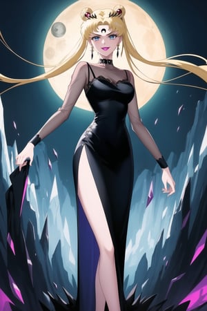 (best quality), (highly detailed), masterpiece, (official art),aausagi, double bun, twintails, parted bangs, hair ornament, blonde hair , makeup, ((black moon, forehead mark, crescent facial mark, black crystal earrings)), jewelry, aged up, evil smile, lips, lipstick, posing, anime coloring, choker, ((black dress, long sleeves, see-through)), pink dress, side slit, A dark and mysterious female character inspired by the style of classic anime. She has an evil face with an evil smile, giving her an imposing and intimidating presence. The overall atmosphere is dark and mysterious, with a sense of power and control emanating from her posture.,